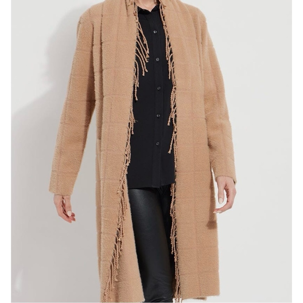 LYSSE Alice Fringe Sweater Coat Macaroon Plaid Cardigan Shawl Jacket